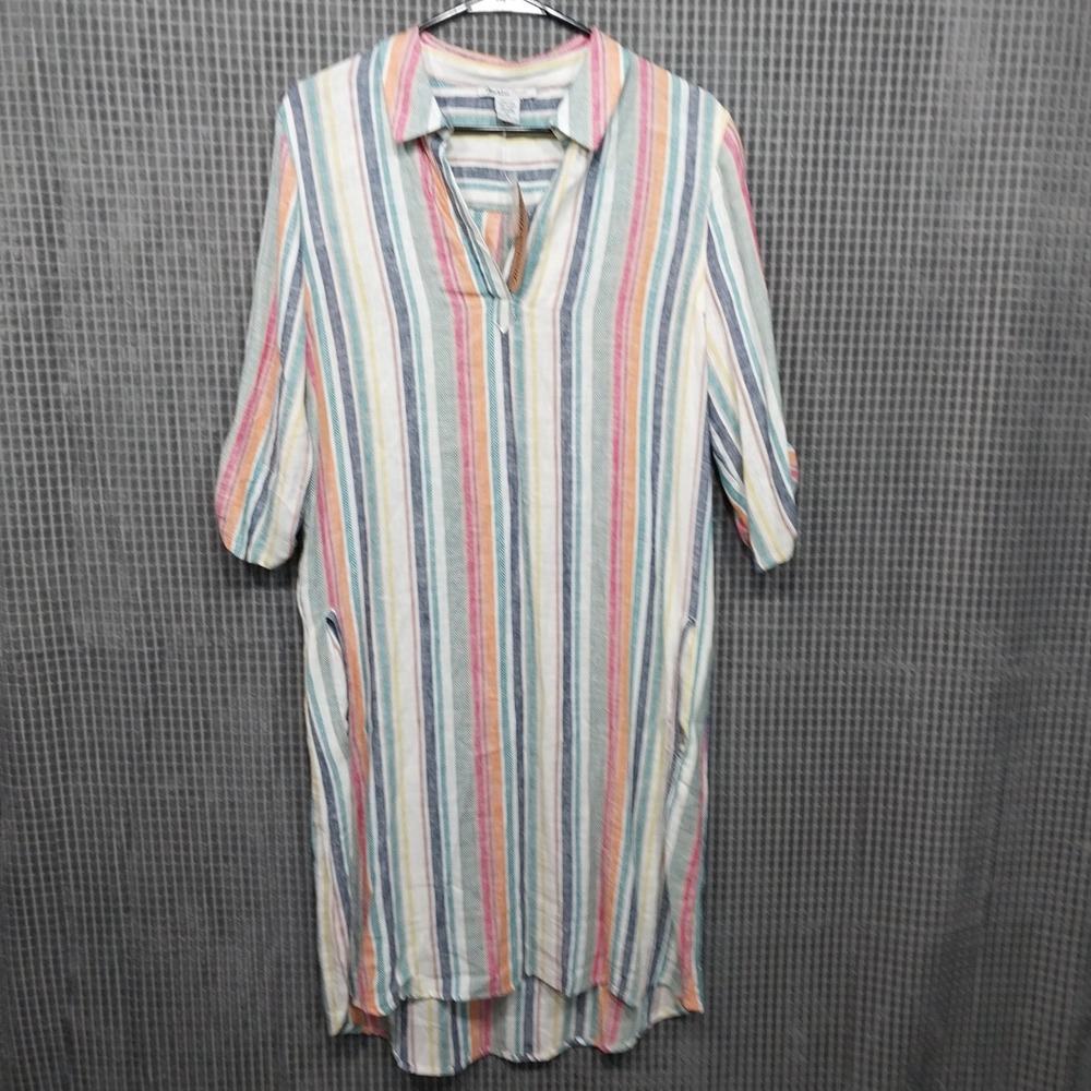 Marissa Olivia Shirt Dress Womens Linen Blend Striped Roll Tab Medium Multi